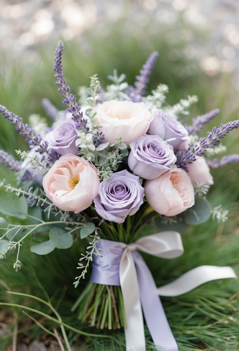 A lavender and light pink floral bouquet with watercolor texture, surrounded by delicate greenery and tied with a soft ribbon