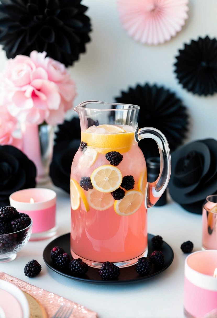 A glass pitcher filled with pink lemonade and blackberries, surrounded by black and light pink wedding decor