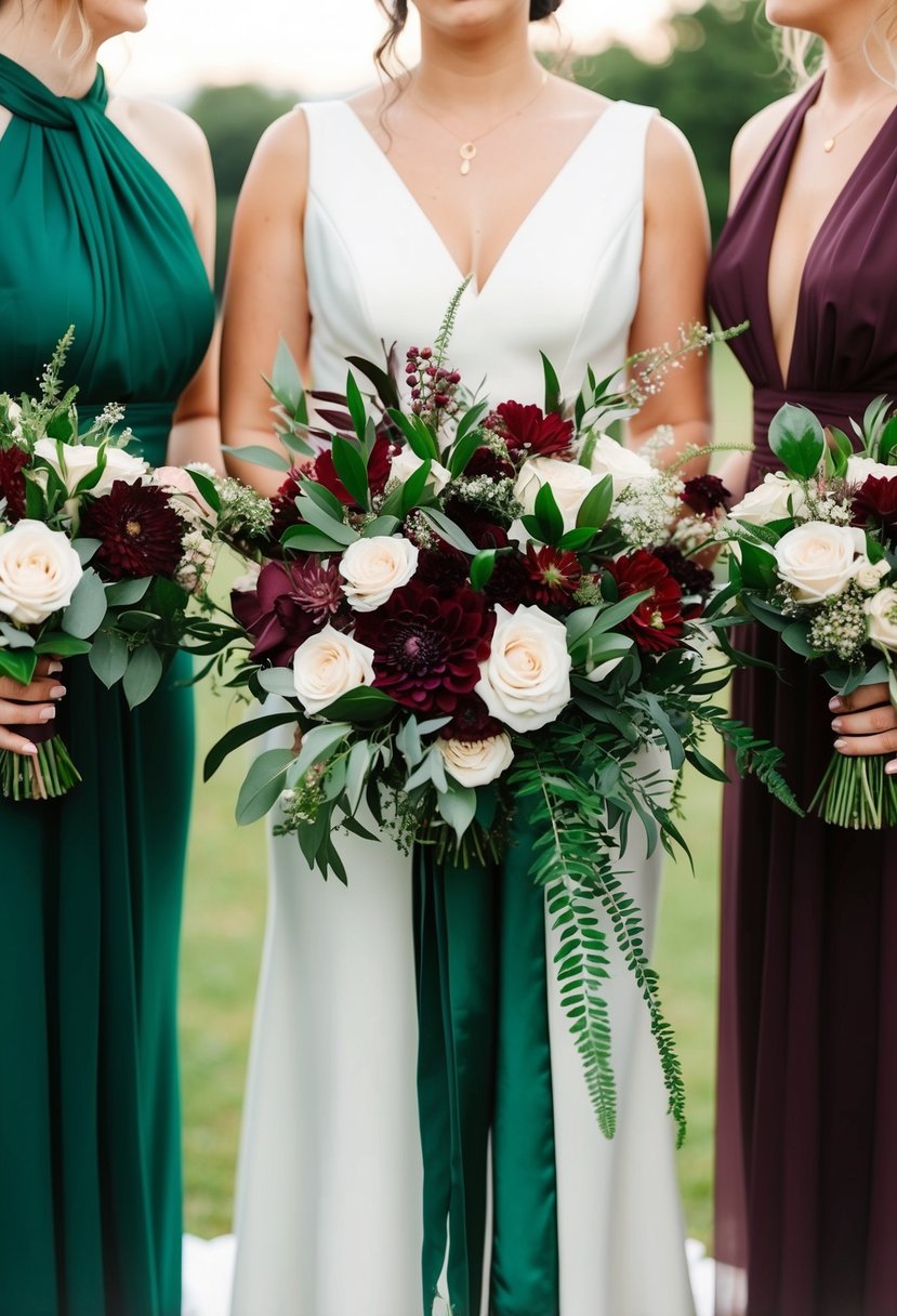 A maroon and emerald green palette wedding scene with floral arrangements and draped fabric