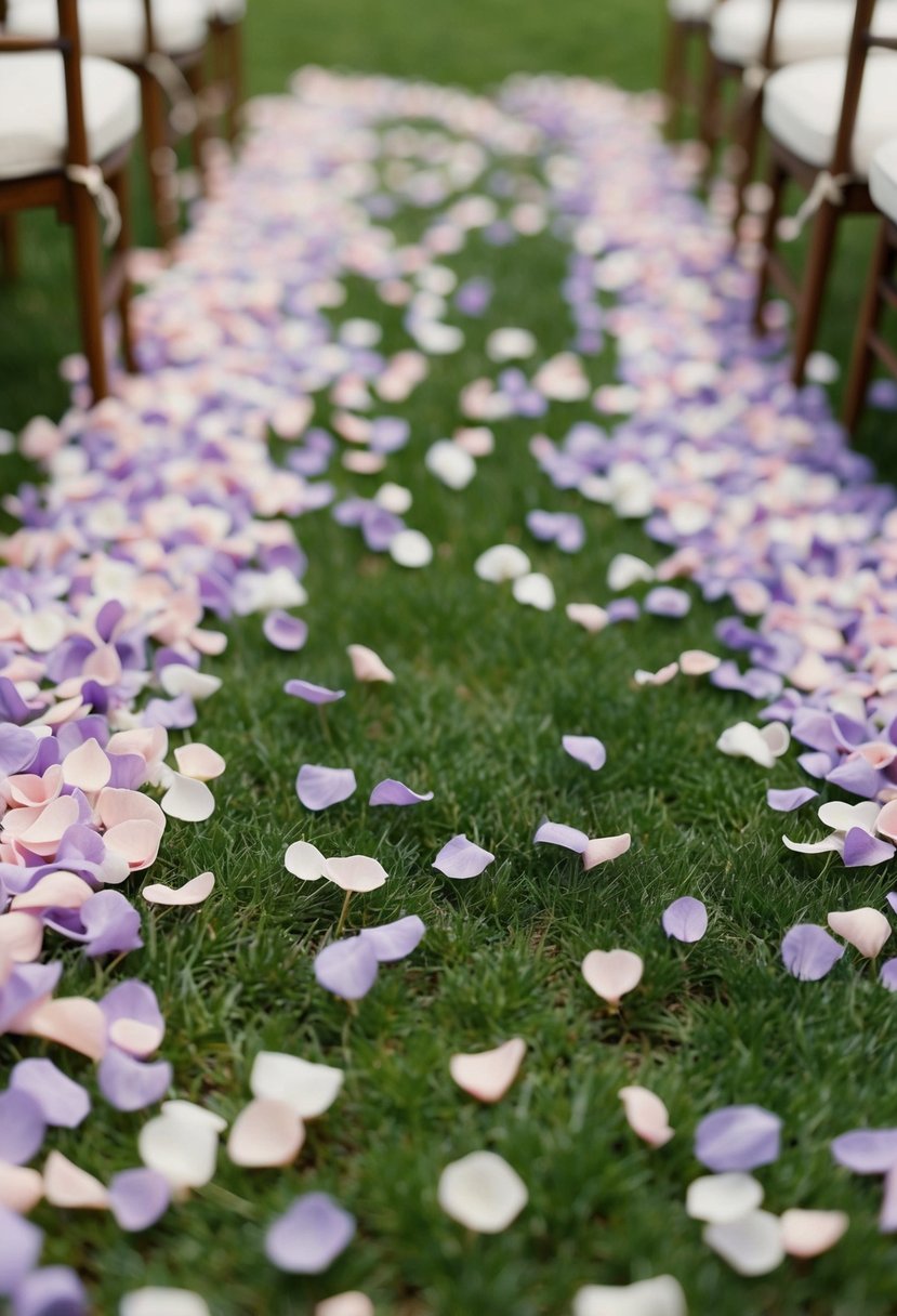 Lavender and light pink petals cover the aisle, creating a romantic and elegant wedding scene