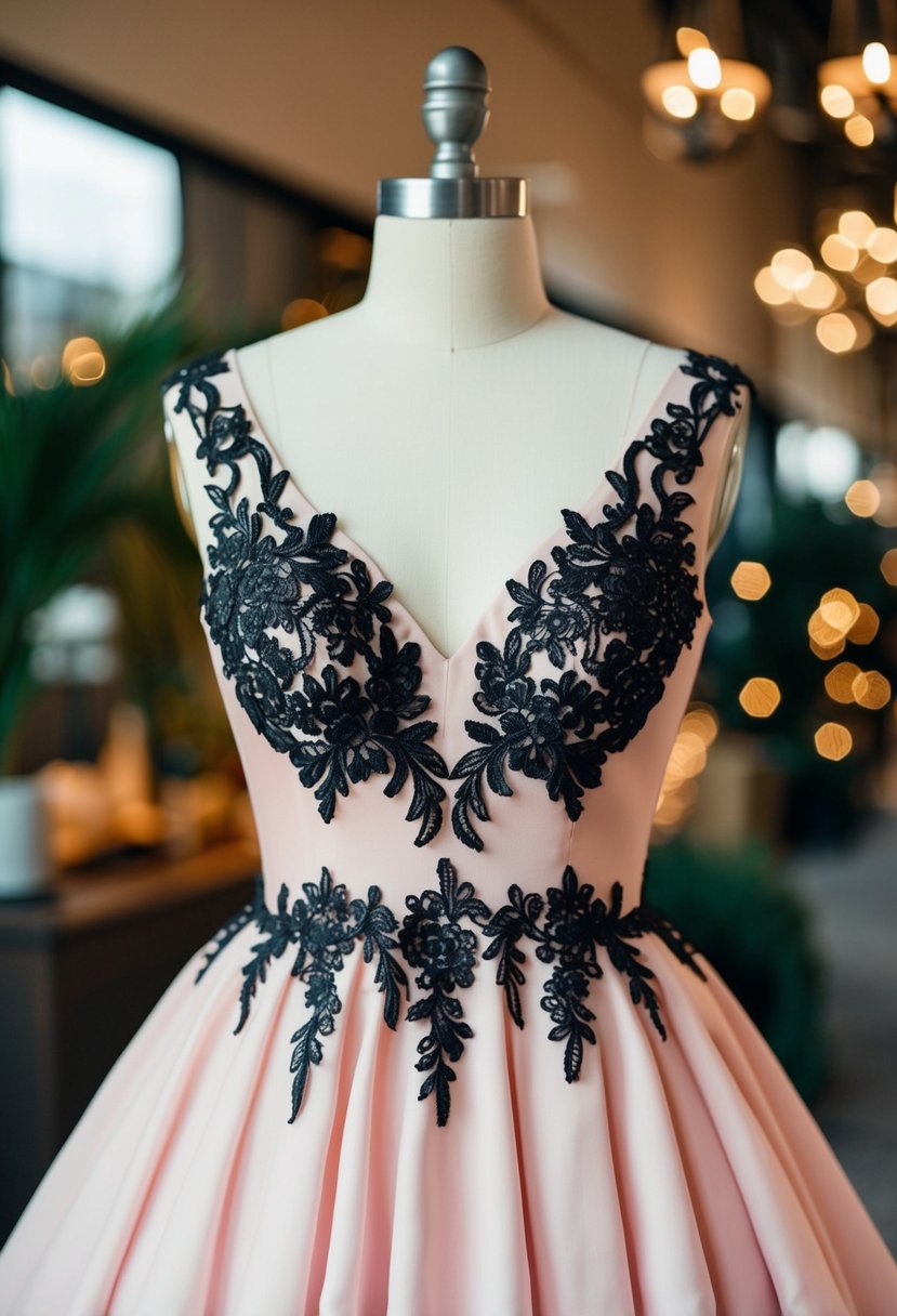 A light pink wedding gown with intricate black lace detailing