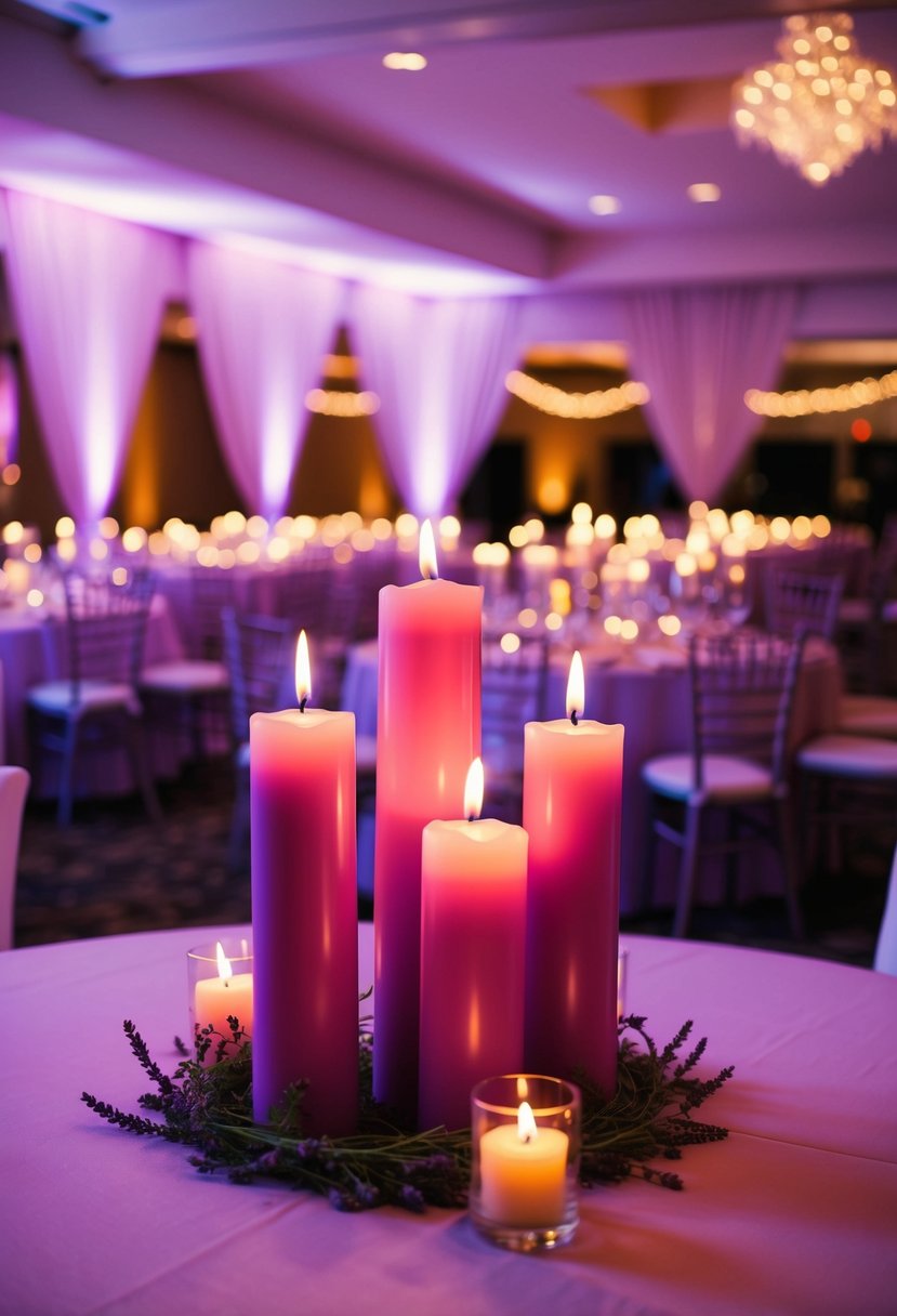 Lavender-scented candles illuminate a wedding venue in soft pink and lavender hues