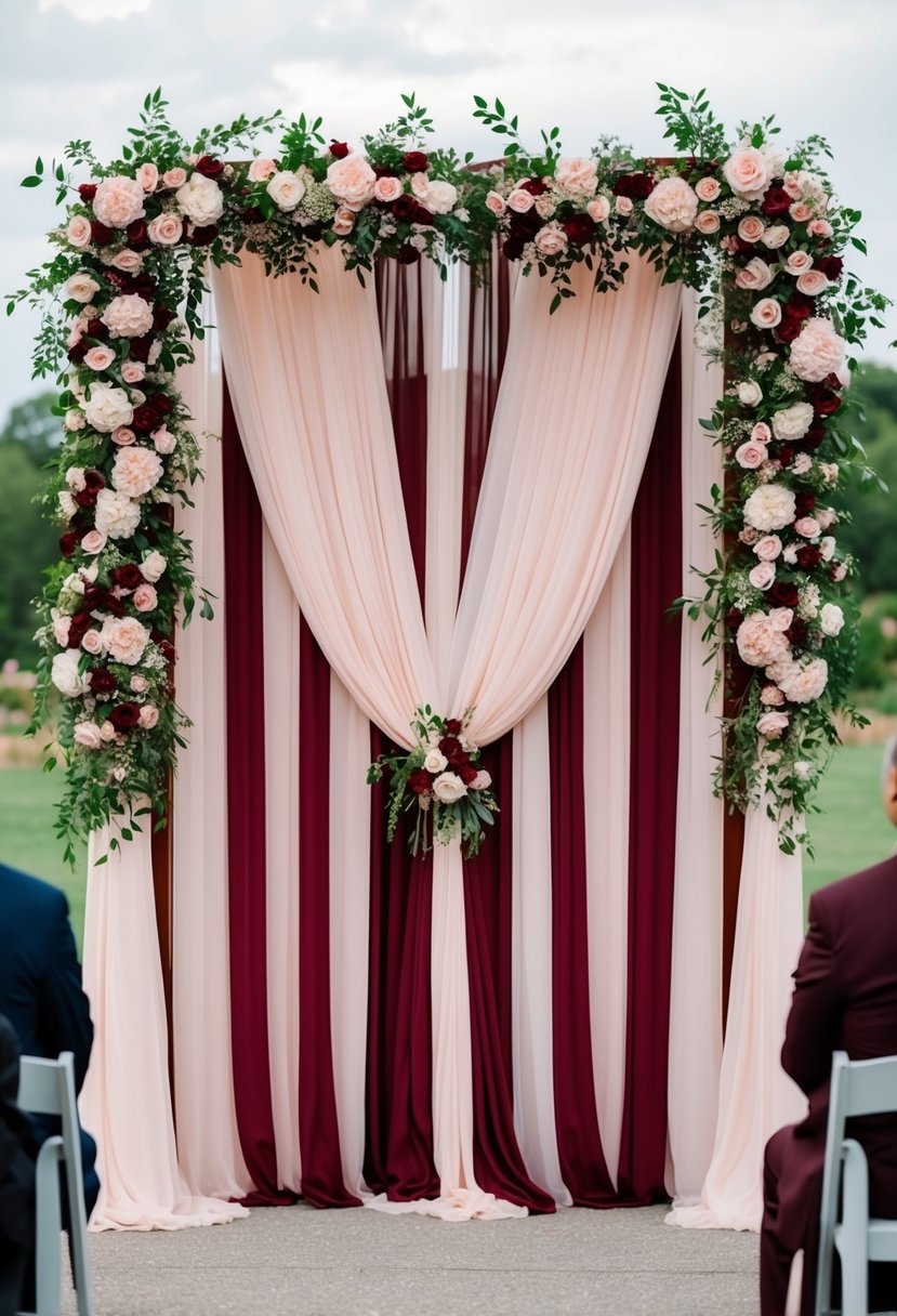 A maroon wedding arch adorned with soft blush flowers and drapery