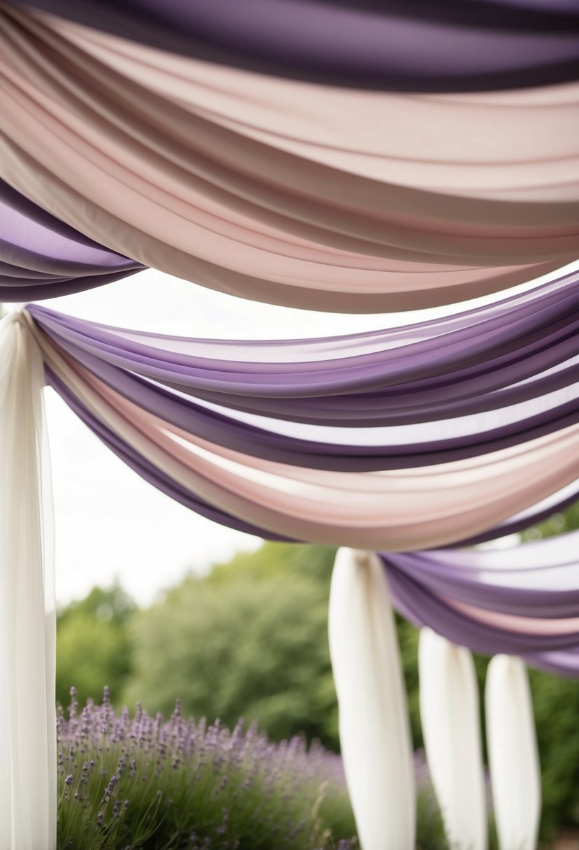 A billowing canopy of lavender and blush fabrics, gently swaying in the breeze, creating a soft and romantic atmosphere