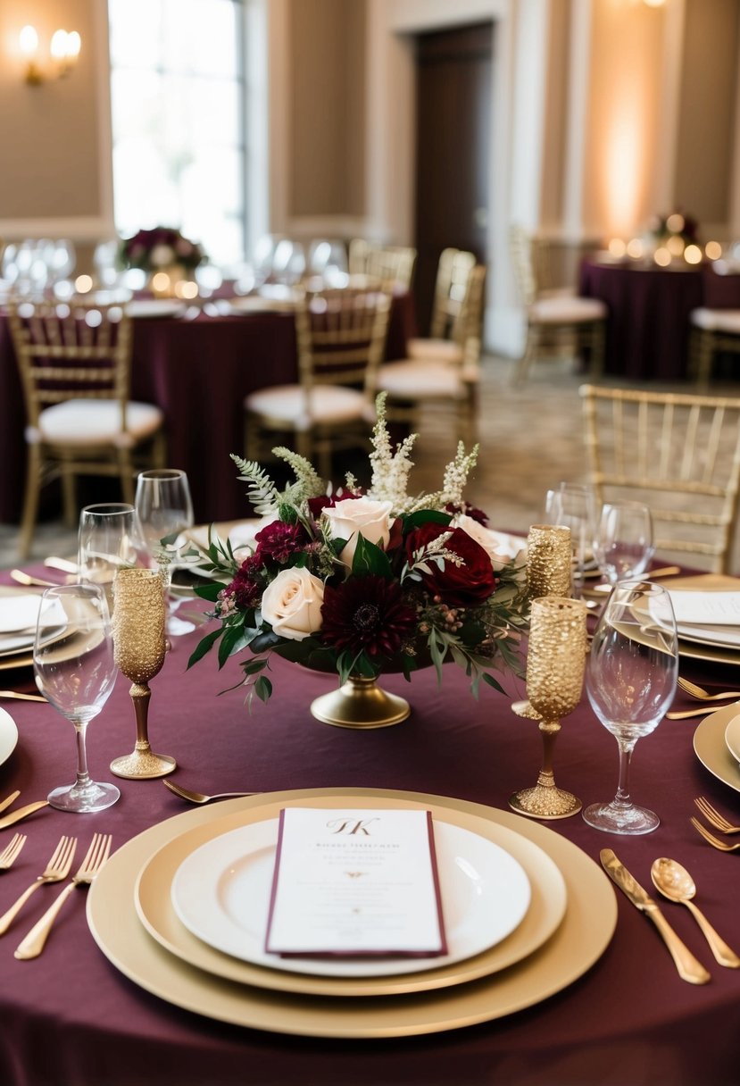 A maroon and gold wedding table setting with elegant floral centerpieces and gold accents