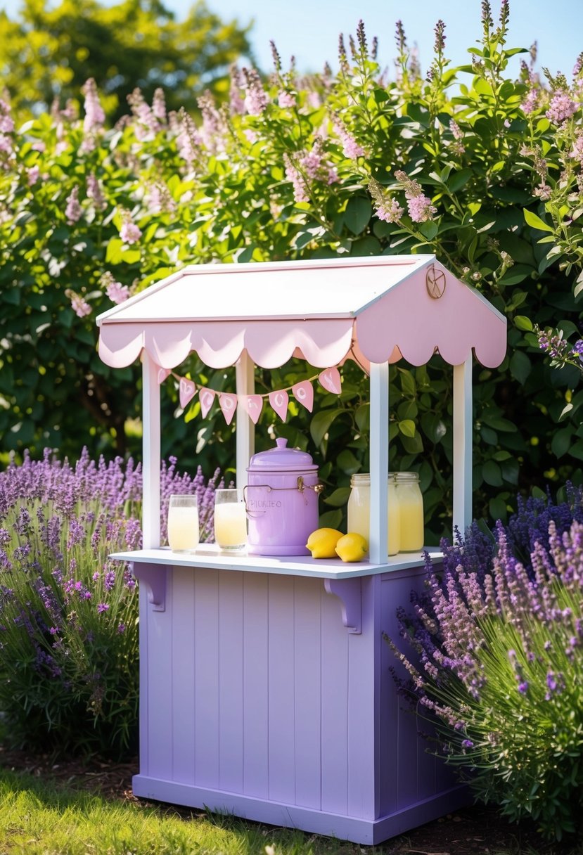 A quaint lavender lemonade stand with light pink accents, surrounded by blooming lavender bushes, set against a sunny summer backdrop