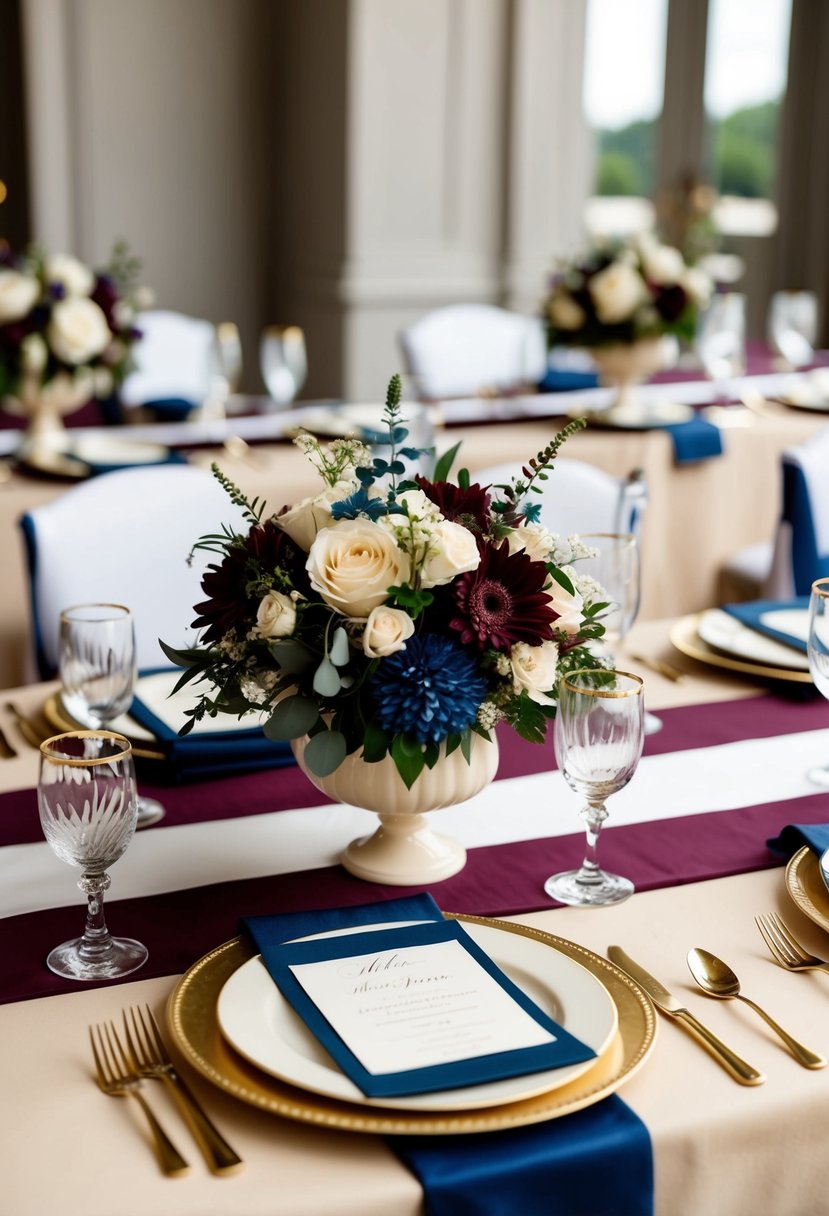 A maroon, navy, and cream wedding table setting with floral centerpieces and elegant place settings