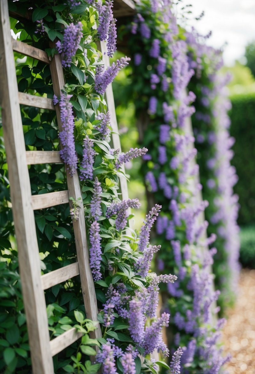 A lush garden backdrop with lavender and light pink blooms cascading down a rustic wooden trellis