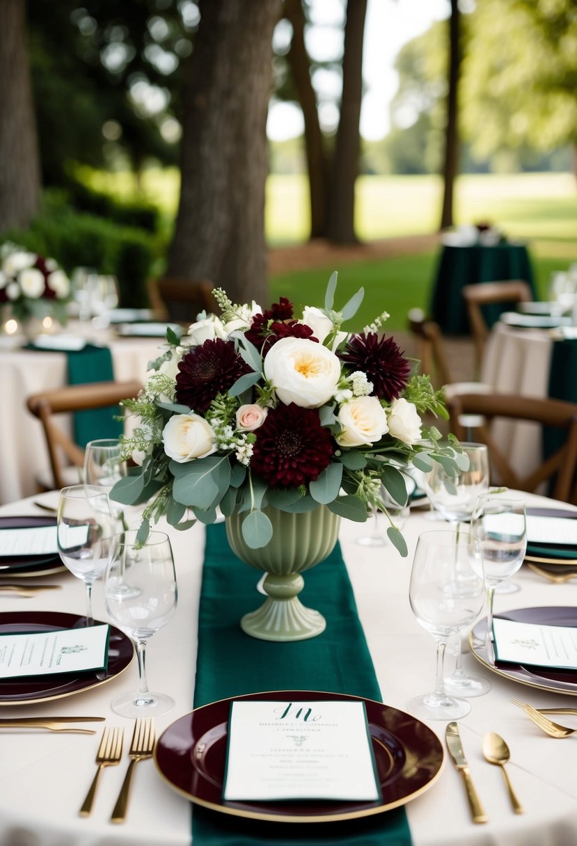 A maroon and sage green wedding table adorned with floral centerpieces and elegant place settings