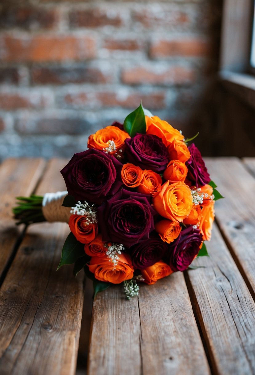 A maroon and burnt orange wedding bouquet resting on a rustic wooden table