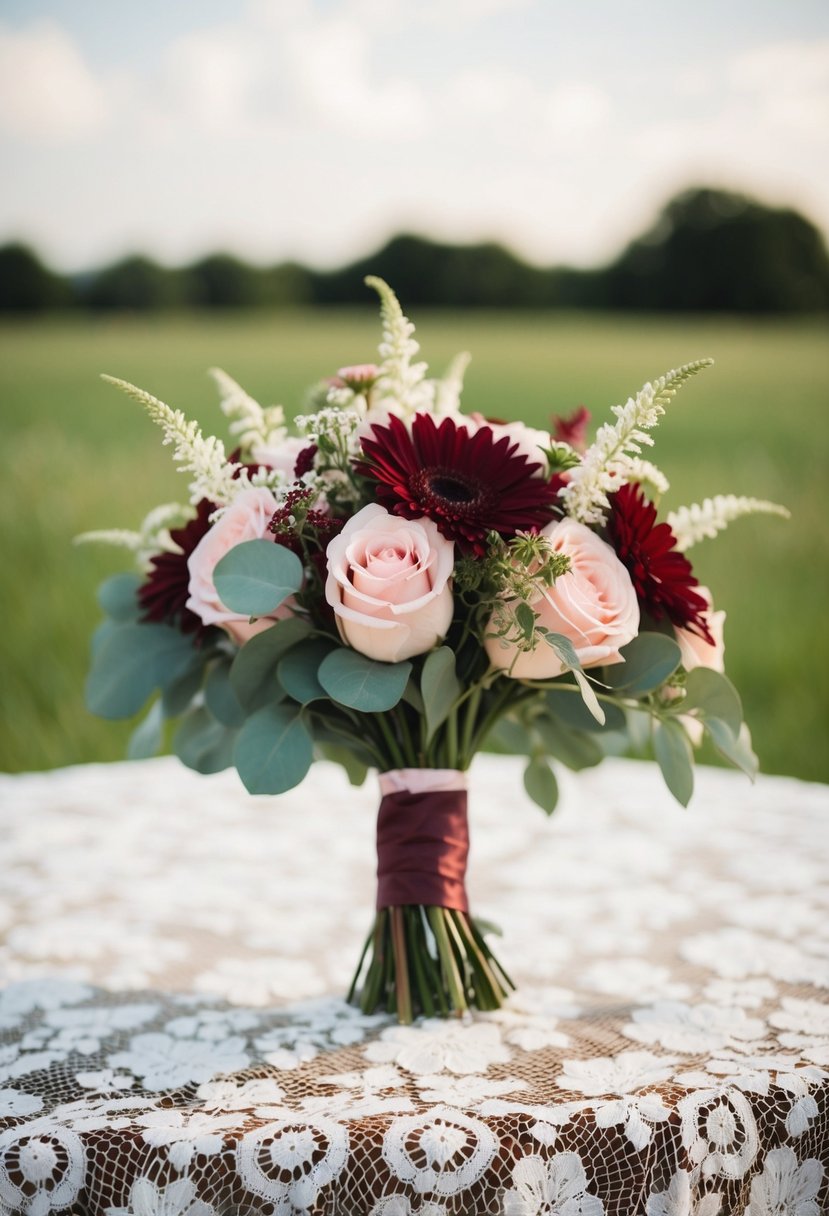 A maroon and light pink wedding bouquet resting on a lace tablecloth