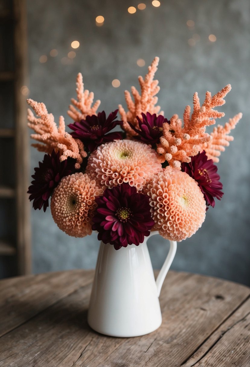 A maroon and peachy coral floral arrangement in a white vase on a rustic wooden table