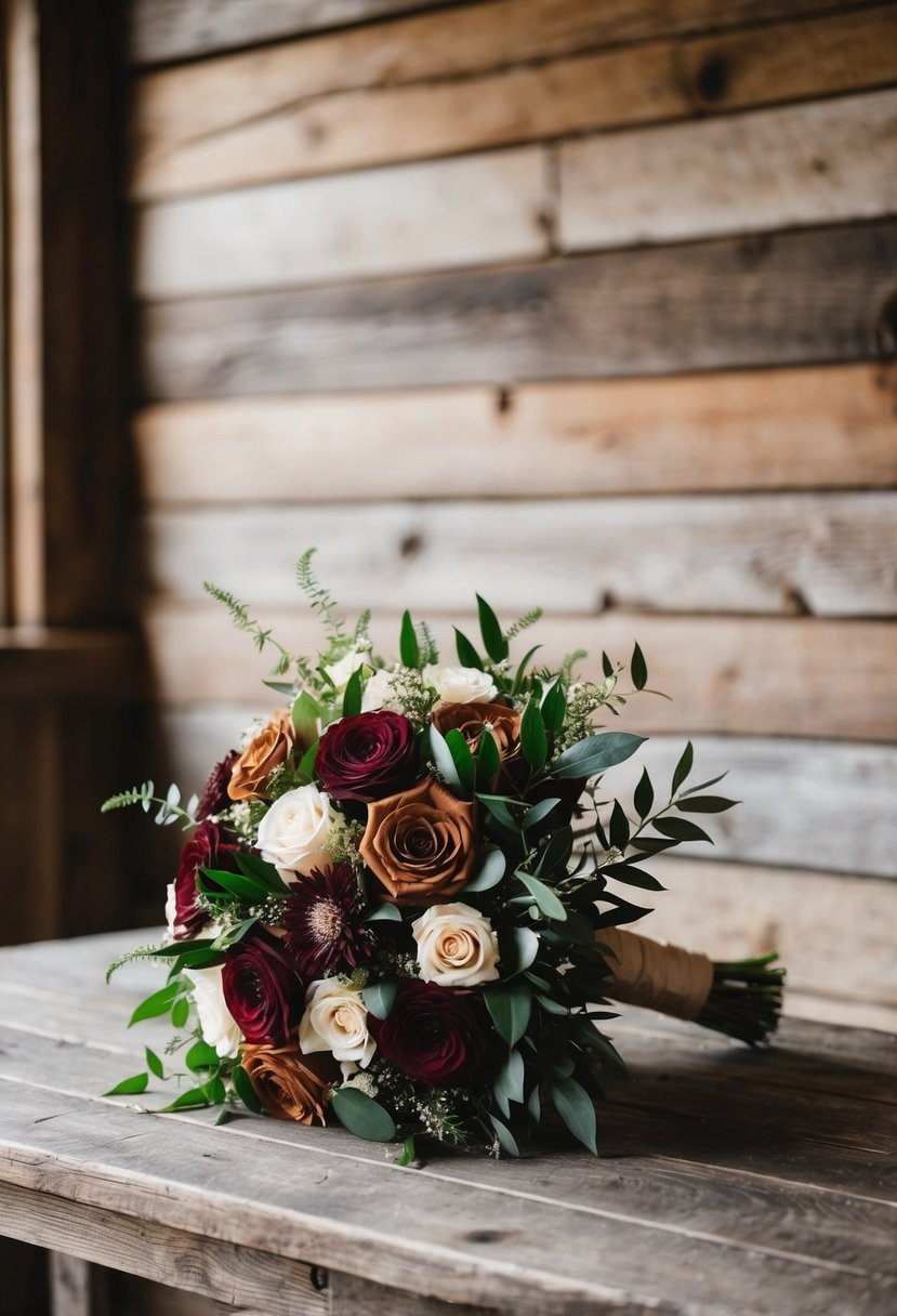 A maroon and tan wedding bouquet sits on a rustic wooden table