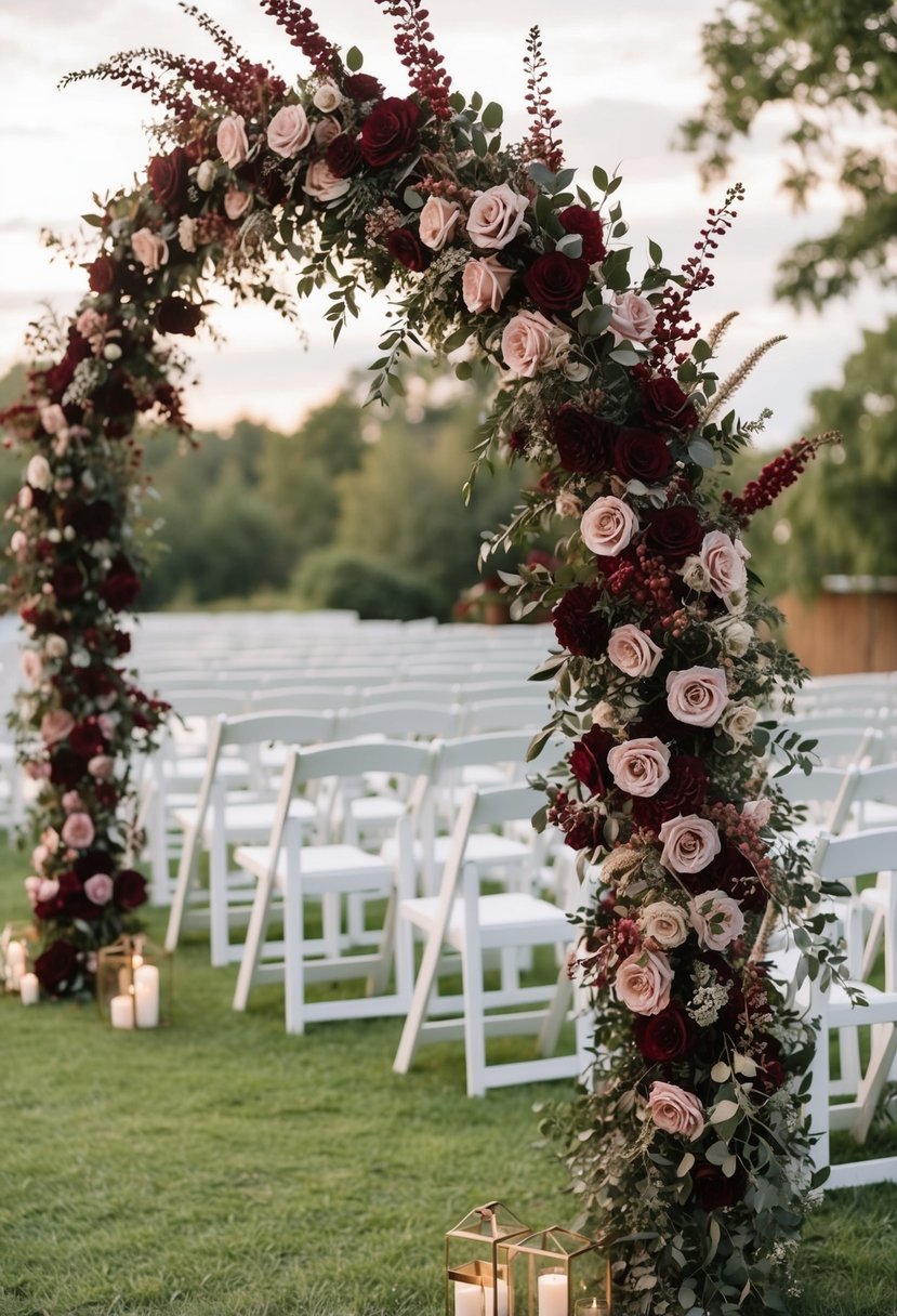 A maroon and mauve floral arch at a romantic outdoor wedding