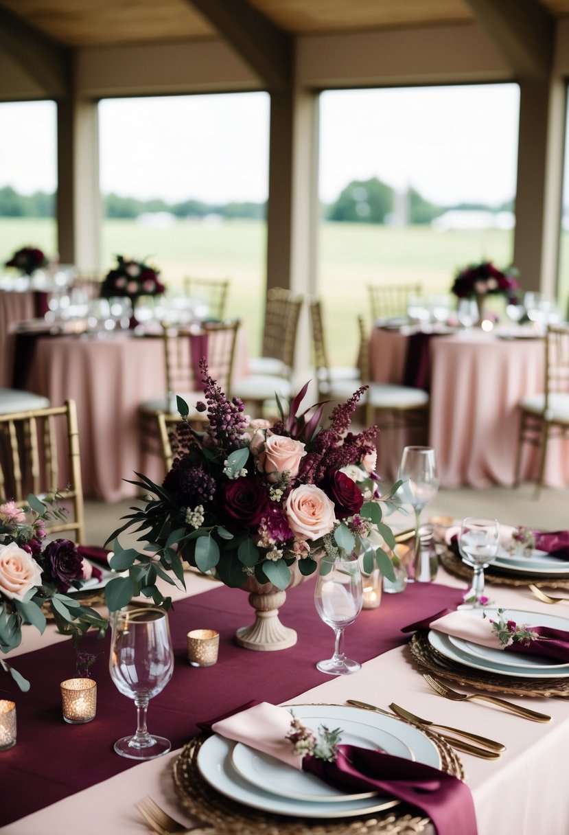 A maroon, plum, and blush color palette adorns a wedding venue, with floral arrangements, table settings, and decorative accents in the triad of hues