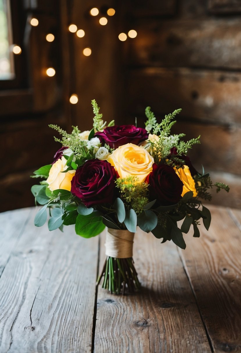 A maroon and subtle yellow glow wedding bouquet resting on a rustic wooden table