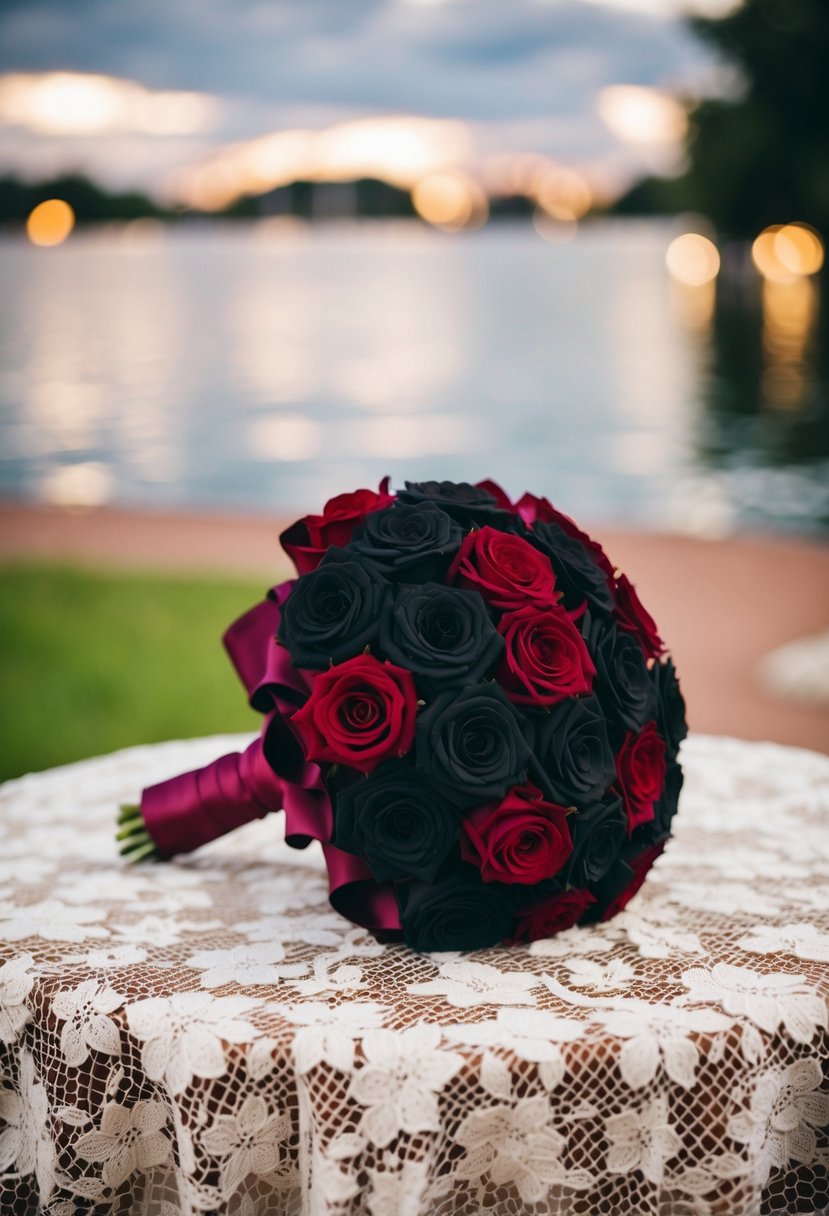 A bold maroon and jet black wedding bouquet resting on a lace-covered table