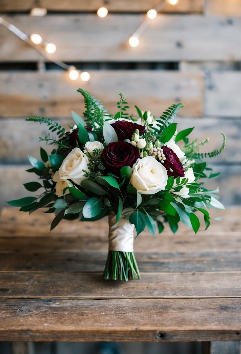 A maroon, ivory, and forest green wedding bouquet rests on a rustic wooden table