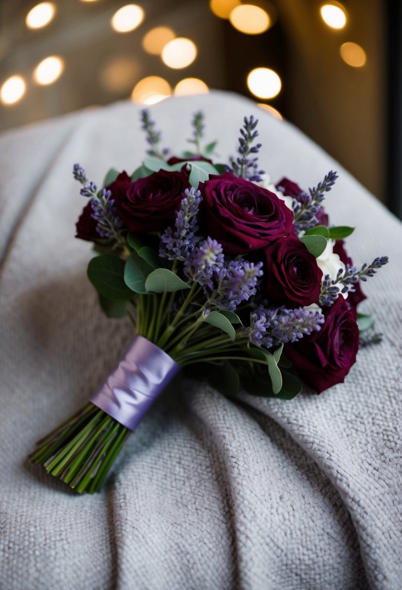 A maroon and lavender bouquet resting on a soft, textured fabric