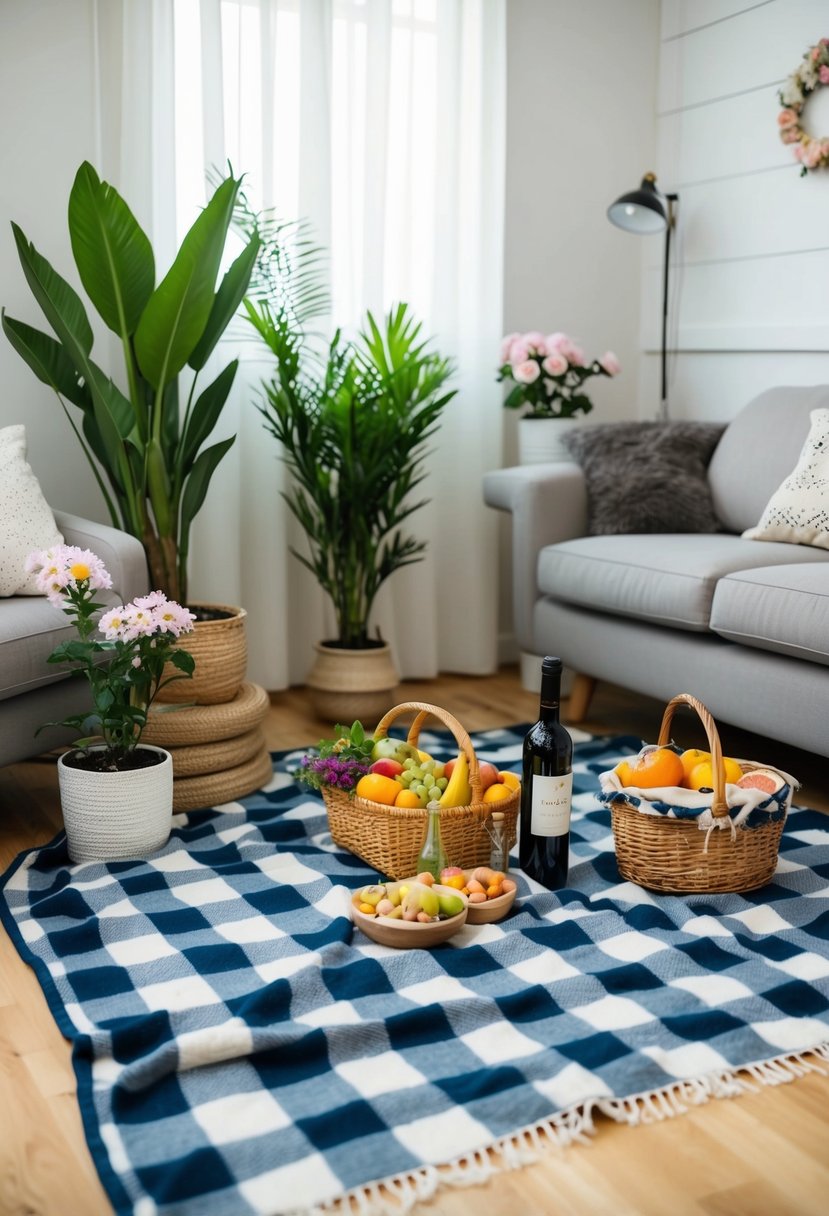 A cozy living room with a picnic blanket spread out on the floor, surrounded by potted plants and blooming flowers. A basket of fresh fruits and a bottle of wine sit nearby, with soft music playing in the background