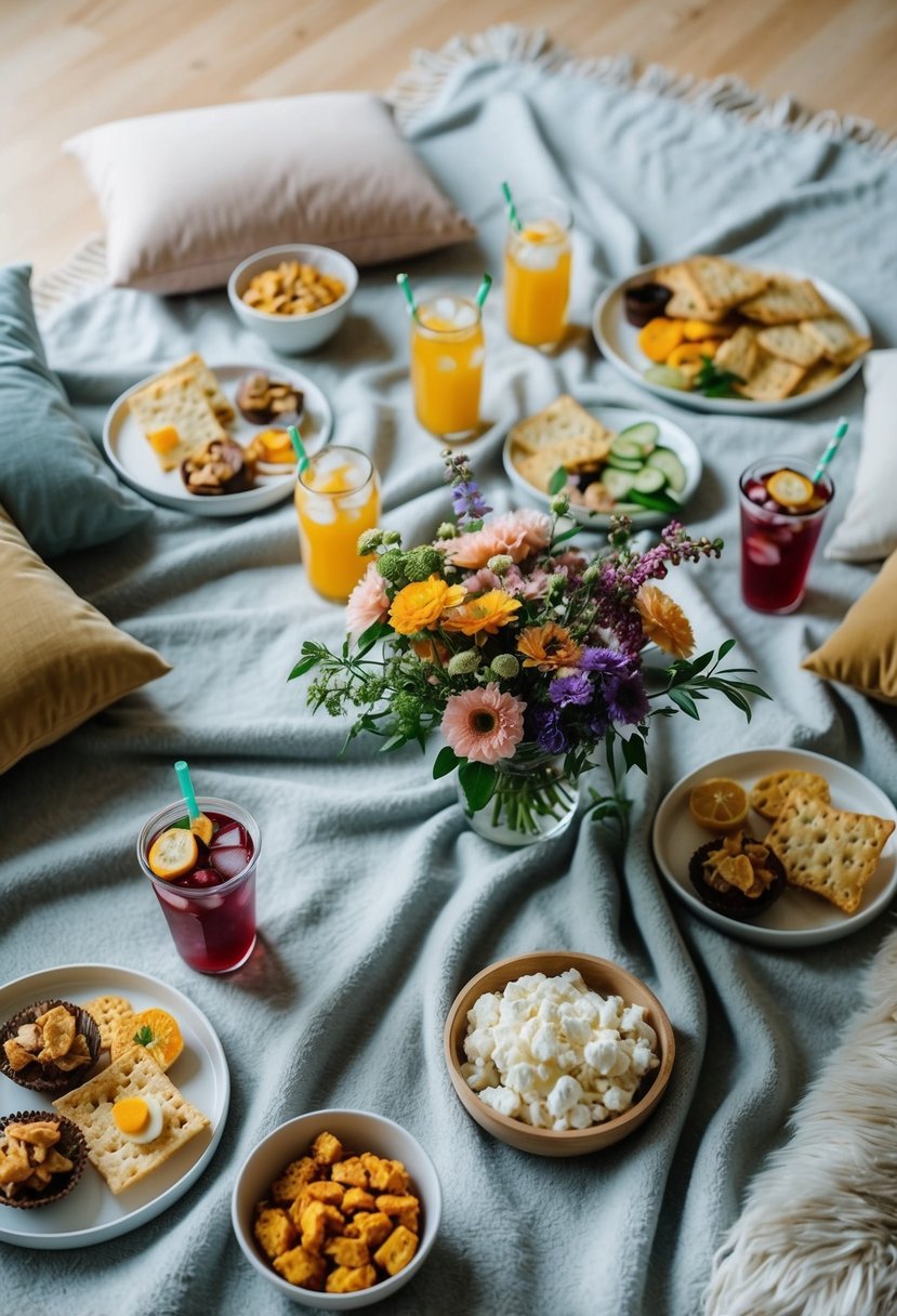 A soft blanket spread on the floor, surrounded by homemade snacks and drinks. A bouquet of fresh flowers sits in the center, creating a cozy indoor picnic setting