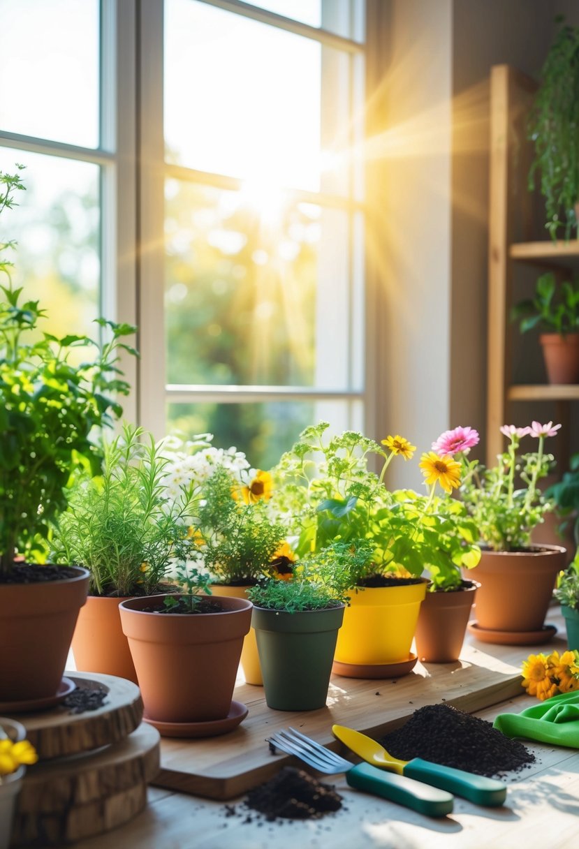 A cozy indoor setting with a variety of potted herbs and flowers arranged on a table, with gardening tools and soil nearby. Sunshine streams in through a nearby window, casting a warm glow over the scene