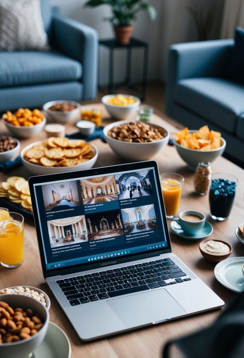 A cozy living room with a virtual museum tour on a laptop, surrounded by a spread of favorite snacks and drinks