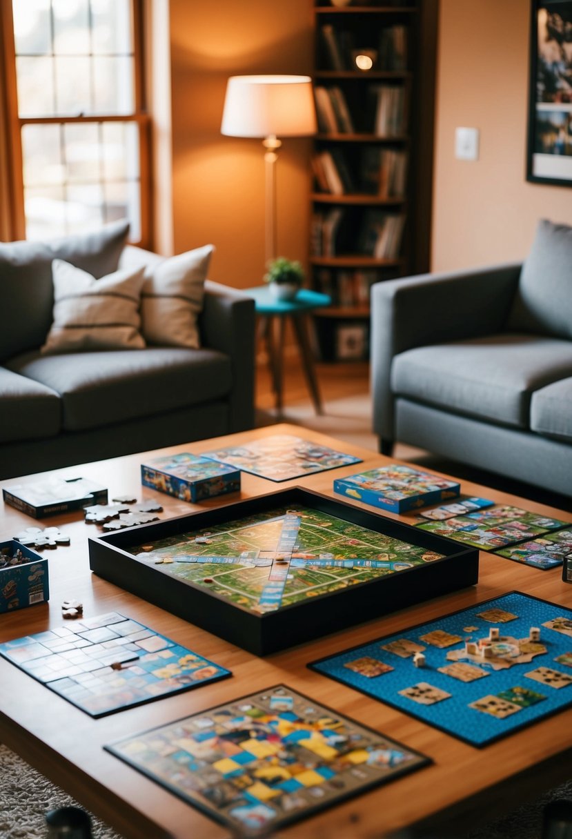 A cozy living room with a table set for board games and puzzles, surrounded by warm lighting and comfortable seating