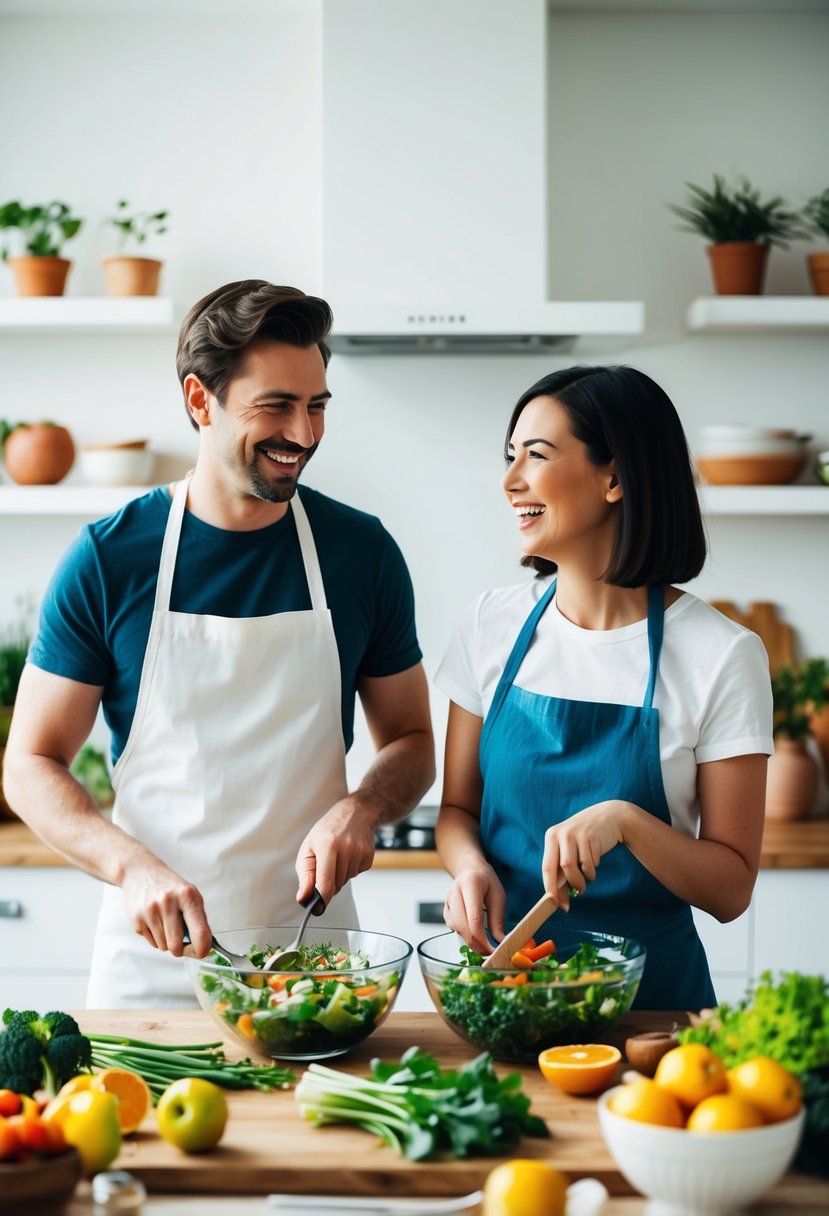 A couple cooks together in a bright kitchen, surrounded by fresh spring vegetables and fruits. They laugh and chat as they chop, stir, and taste their new recipe