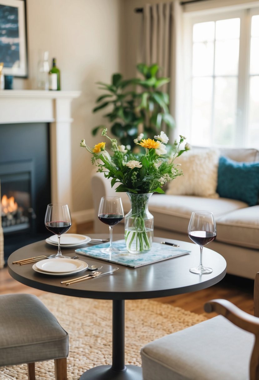 A cozy living room with a table set up for painting, two glasses of wine, and a vase of fresh flowers