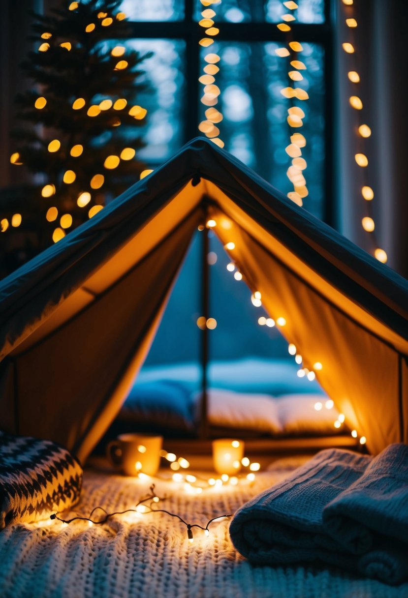 A cozy indoor camping scene with blankets and fairy lights