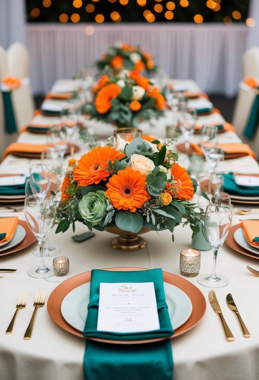 An elegant wedding table setting with orange and sage green floral centerpieces, matching linens, and decorative accents