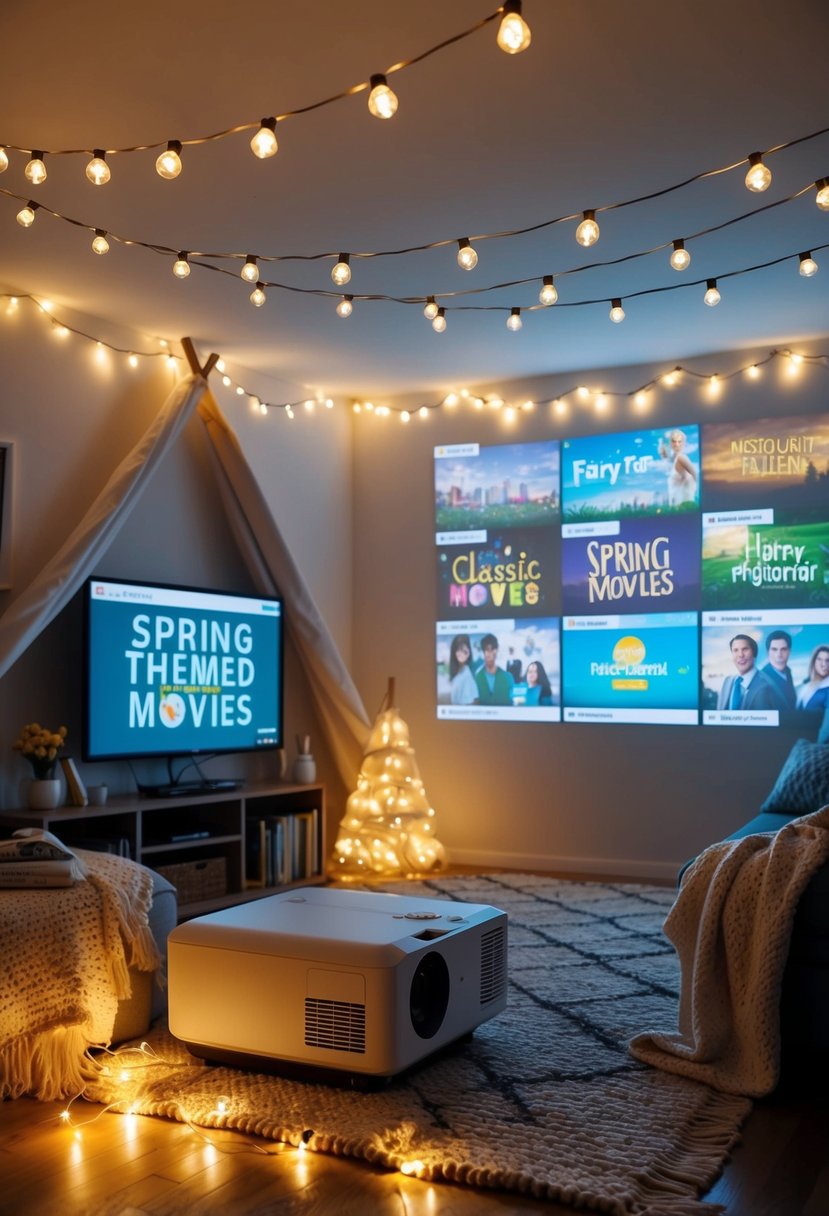 A cozy living room with a blanket fort, fairy lights, and a projector showing a lineup of classic spring-themed movies