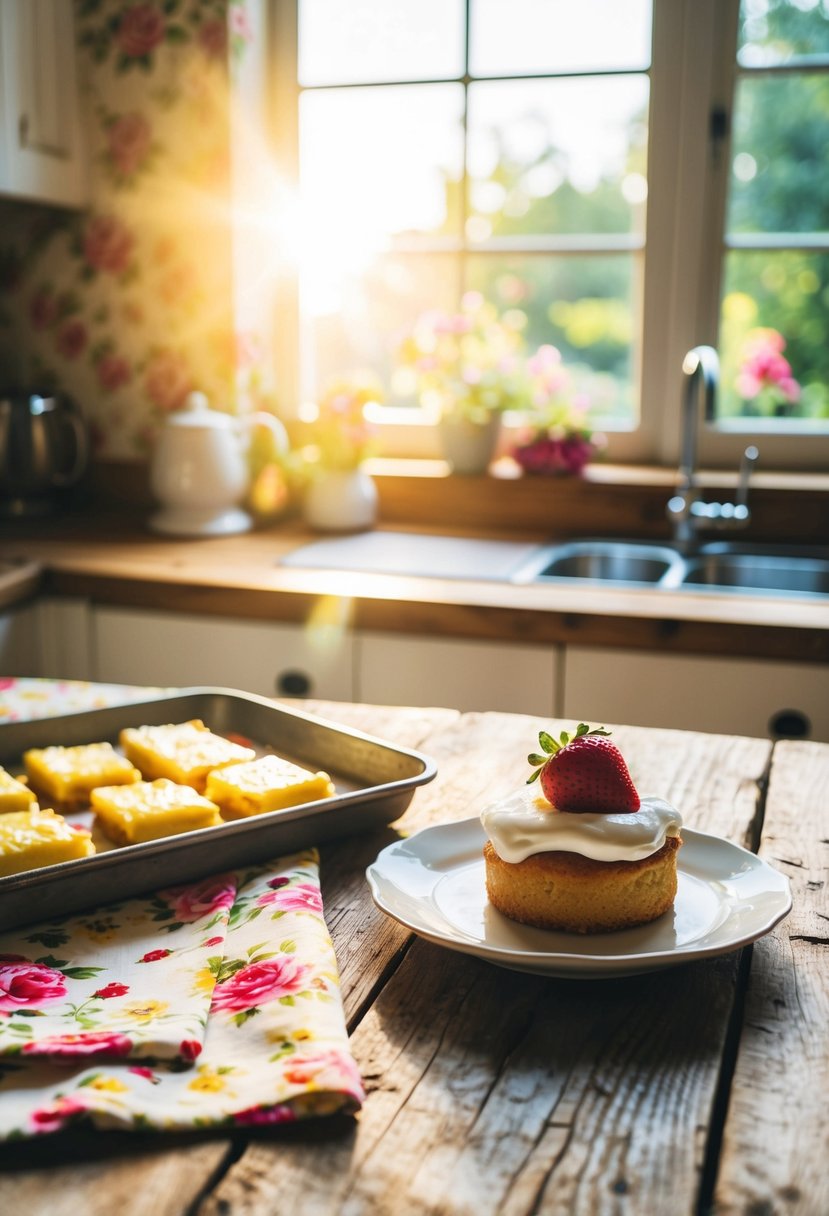 A cozy kitchen with a floral tablecloth, a tray of lemon bars, and a strawberry shortcake on a rustic wooden table. Sunlight streams in through a window, casting a warm glow on the treats