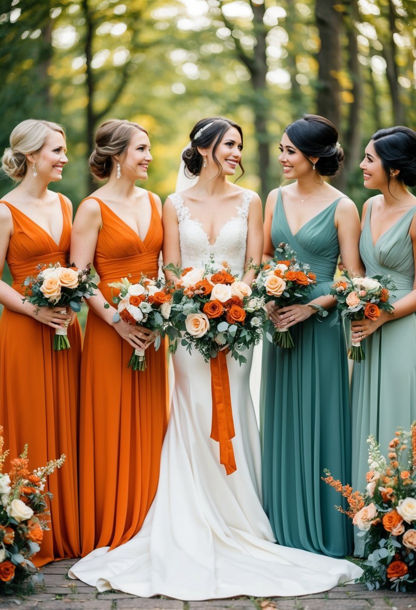 Bridesmaid dresses in burnt orange and sage green, surrounded by floral arrangements in coordinating colors