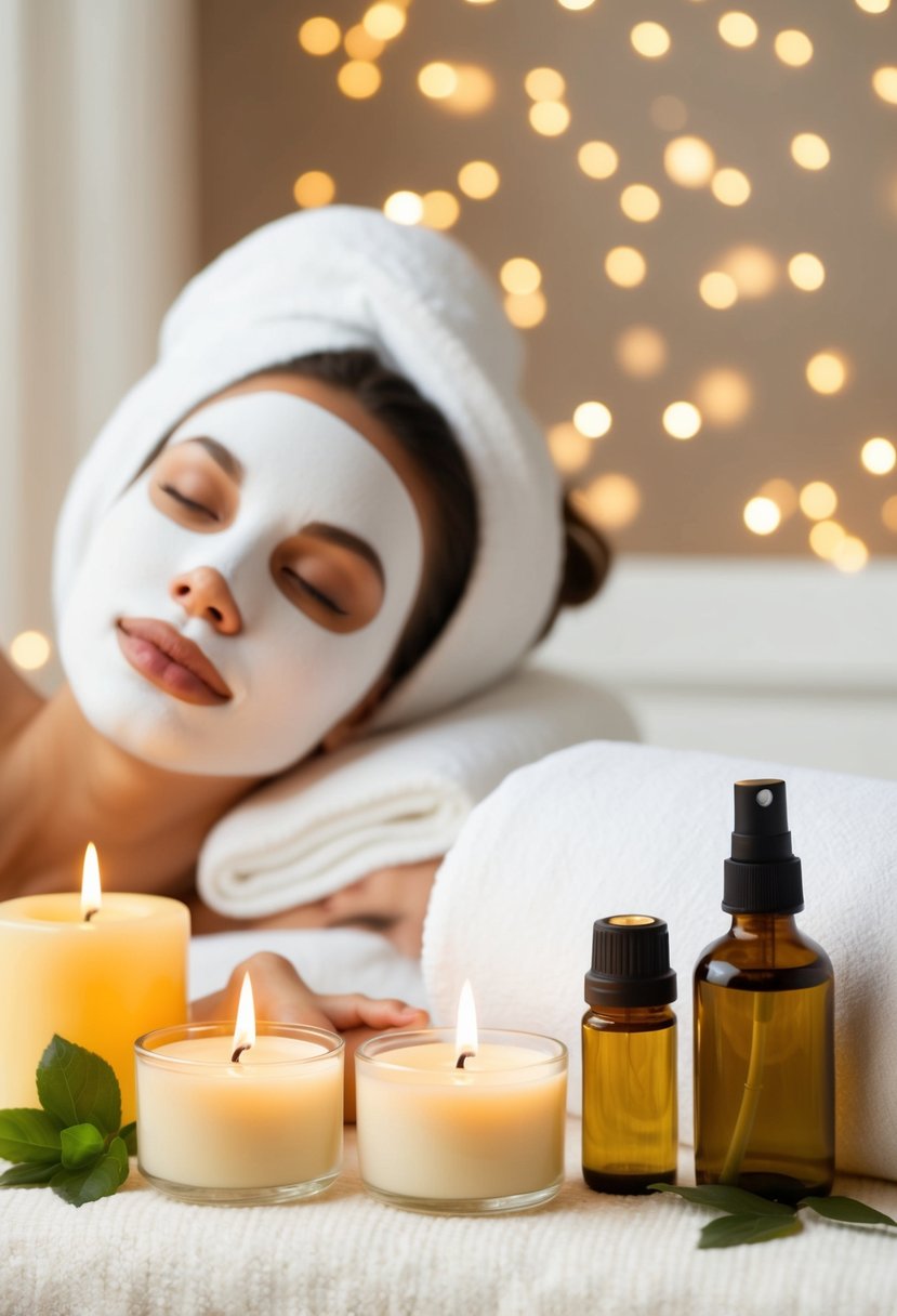 A cozy at-home spa scene with facial masks, massage oils, candles, and relaxing music