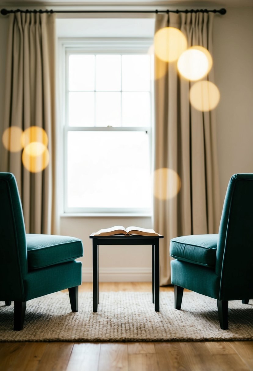 A cozy living room with two chairs facing each other, a small table in between holding an open book. Soft lighting and a warm atmosphere