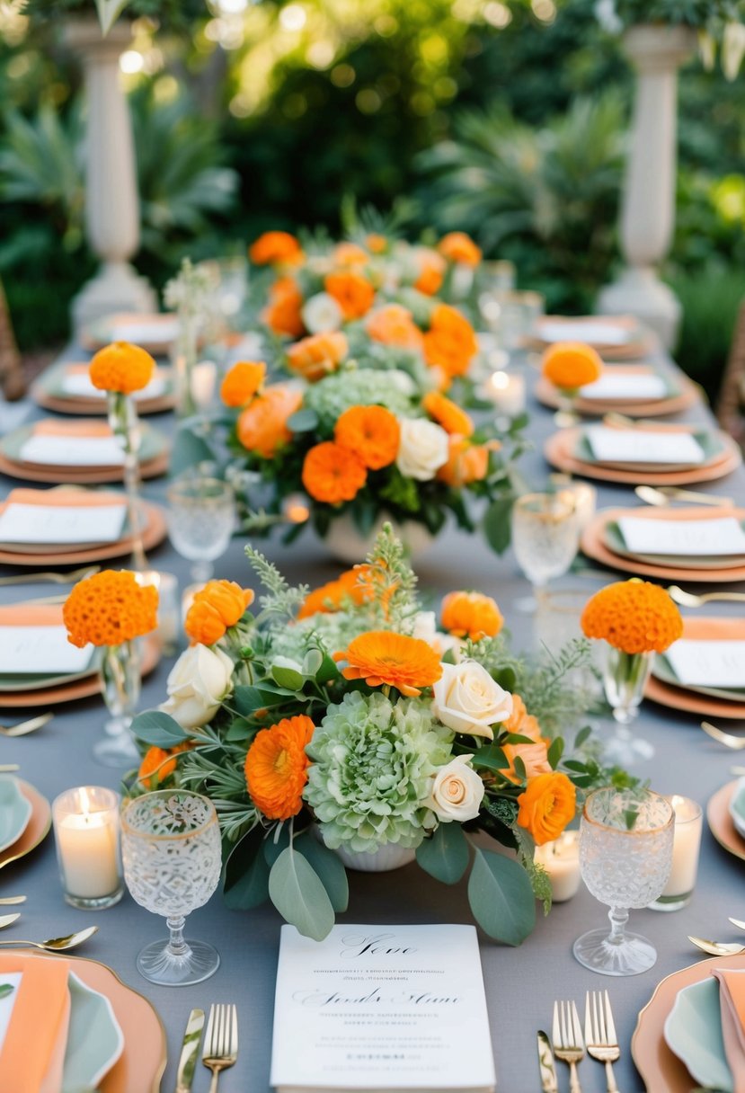 A serene garden setting with orange and sage green floral arrangements, surrounded by elegant wedding invitations and decor