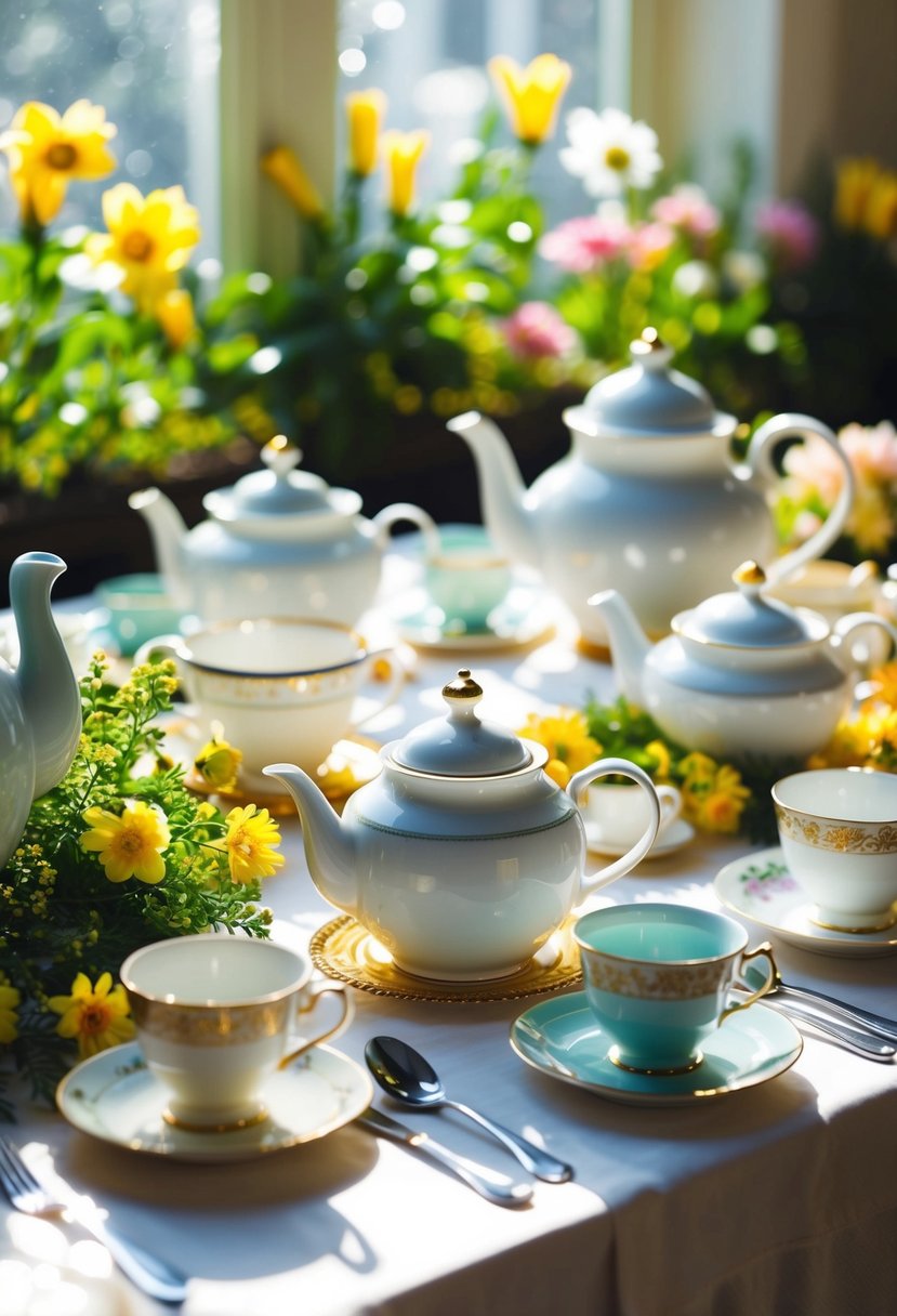 A table set with various teapots, cups, and saucers, surrounded by blooming flowers and greenery. Sunshine filters through the window, casting a warm glow on the scene