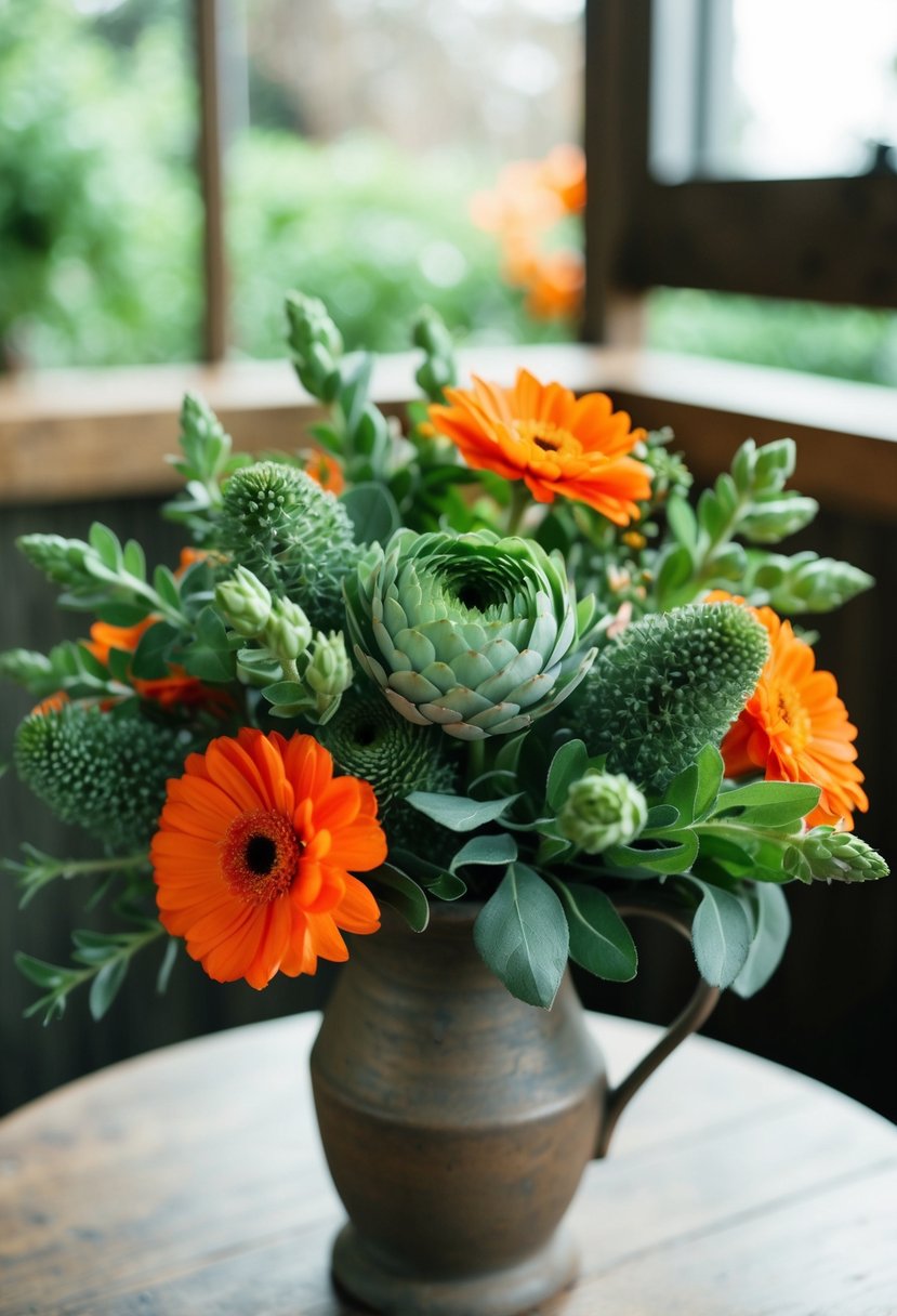 A bouquet of sage green and orange flowers arranged in a rustic vase