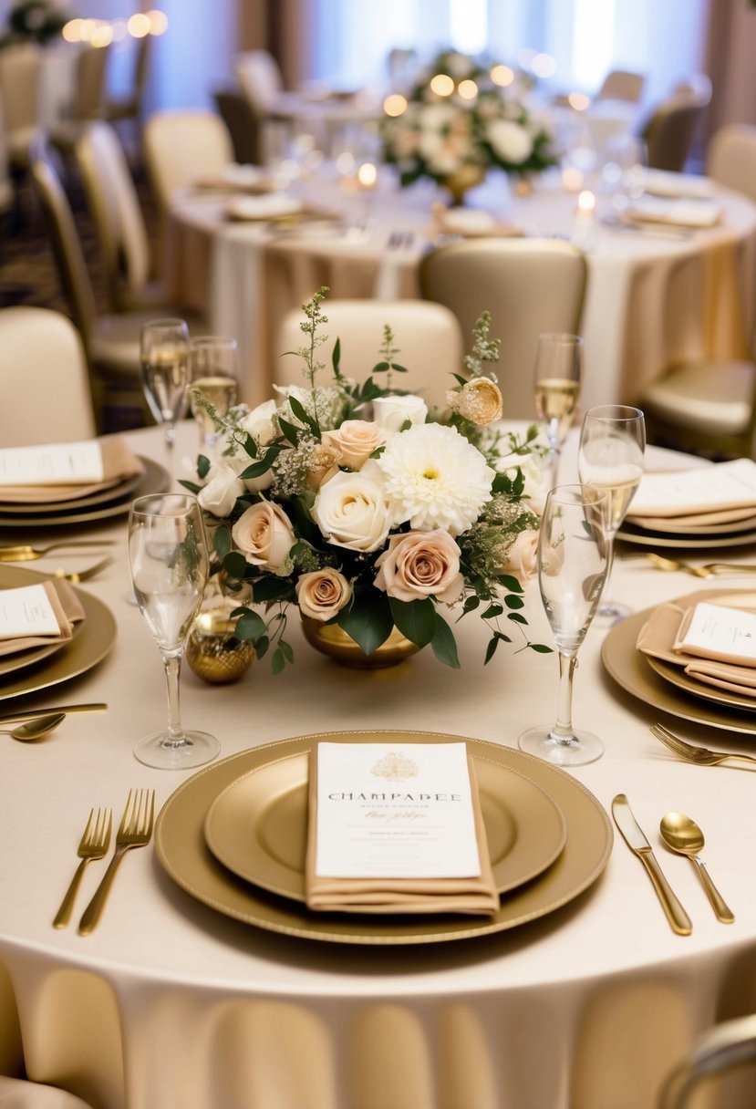 A table set with champagne-colored linens, floral centerpieces, and elegant glassware. Gold accents and soft lighting create a romantic atmosphere