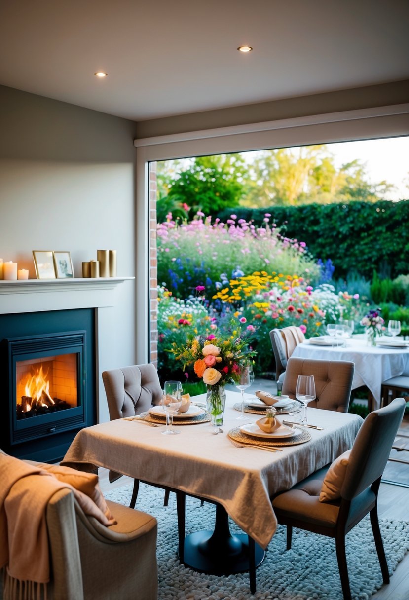 A cozy living room with soft blankets, a crackling fireplace, and a table set for a romantic dinner. Outside, a garden bursting with colorful flowers and a gentle breeze