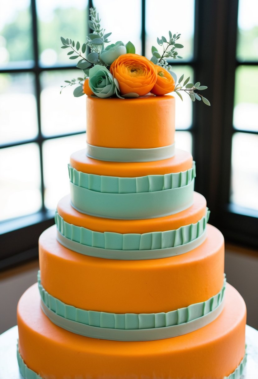 A three-tiered orange cake with sage green fondant, adorned with delicate sage green floral decorations