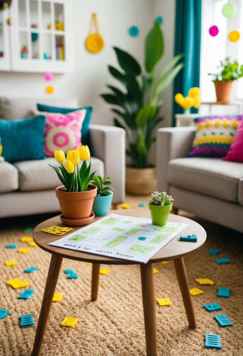 A cozy living room with scattered clues, potted plants, and colorful spring decorations. A small table holds a handmade map and a list of items to find