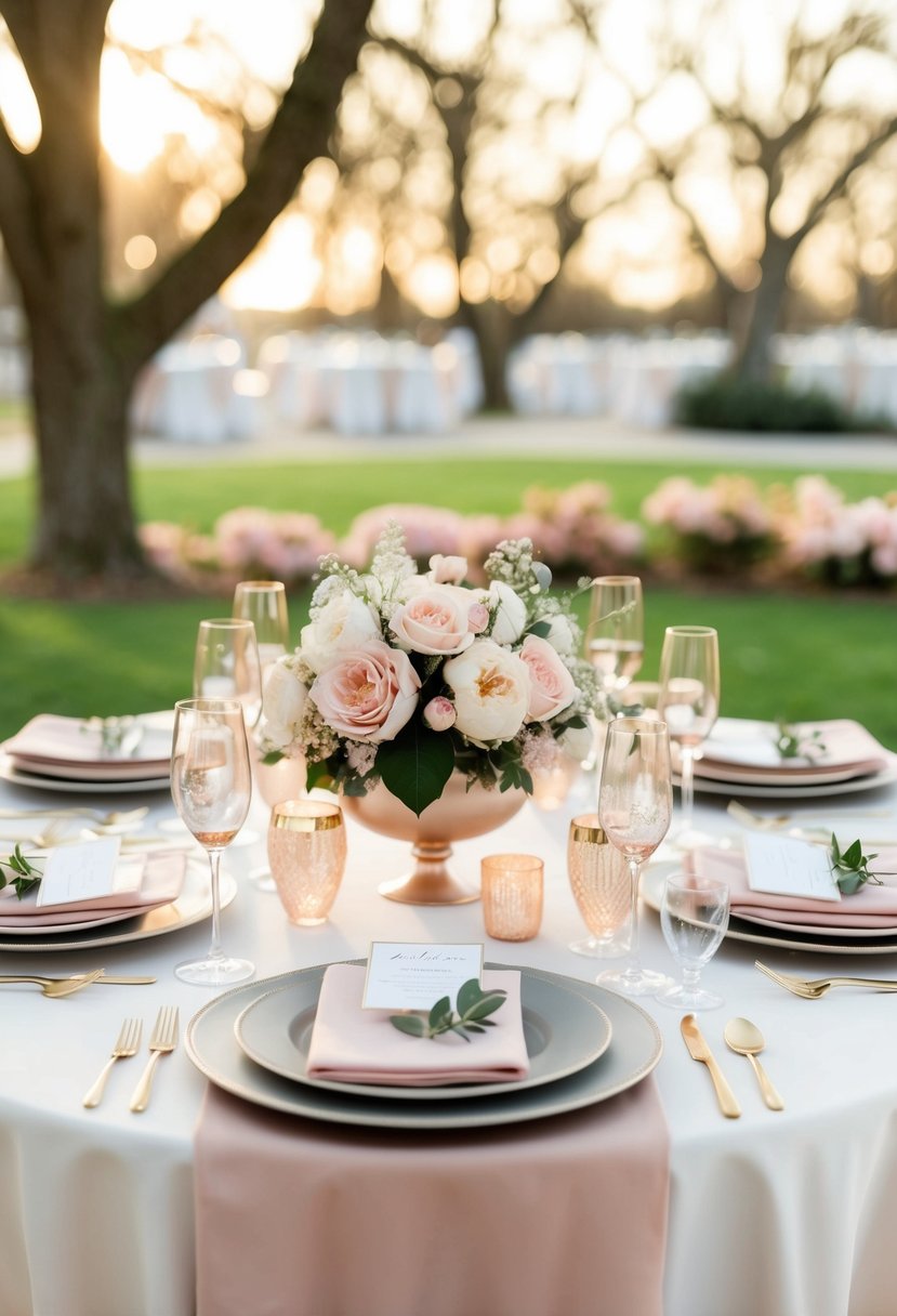 A table set with champagne and blush pink linens, flowers, and glassware for a wedding celebration