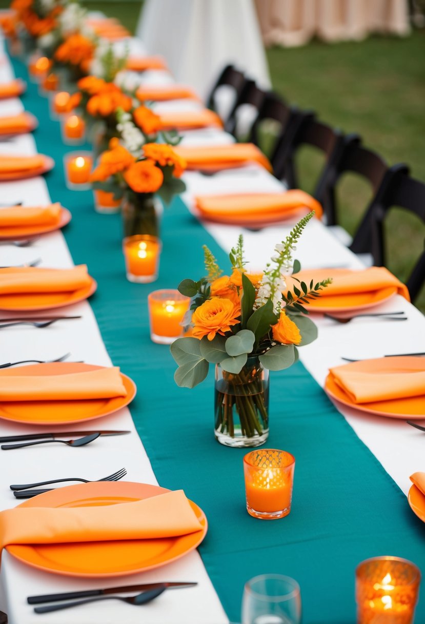 Sage green table runners adorned with vibrant orange centerpieces create a stunning visual display for a wedding celebration