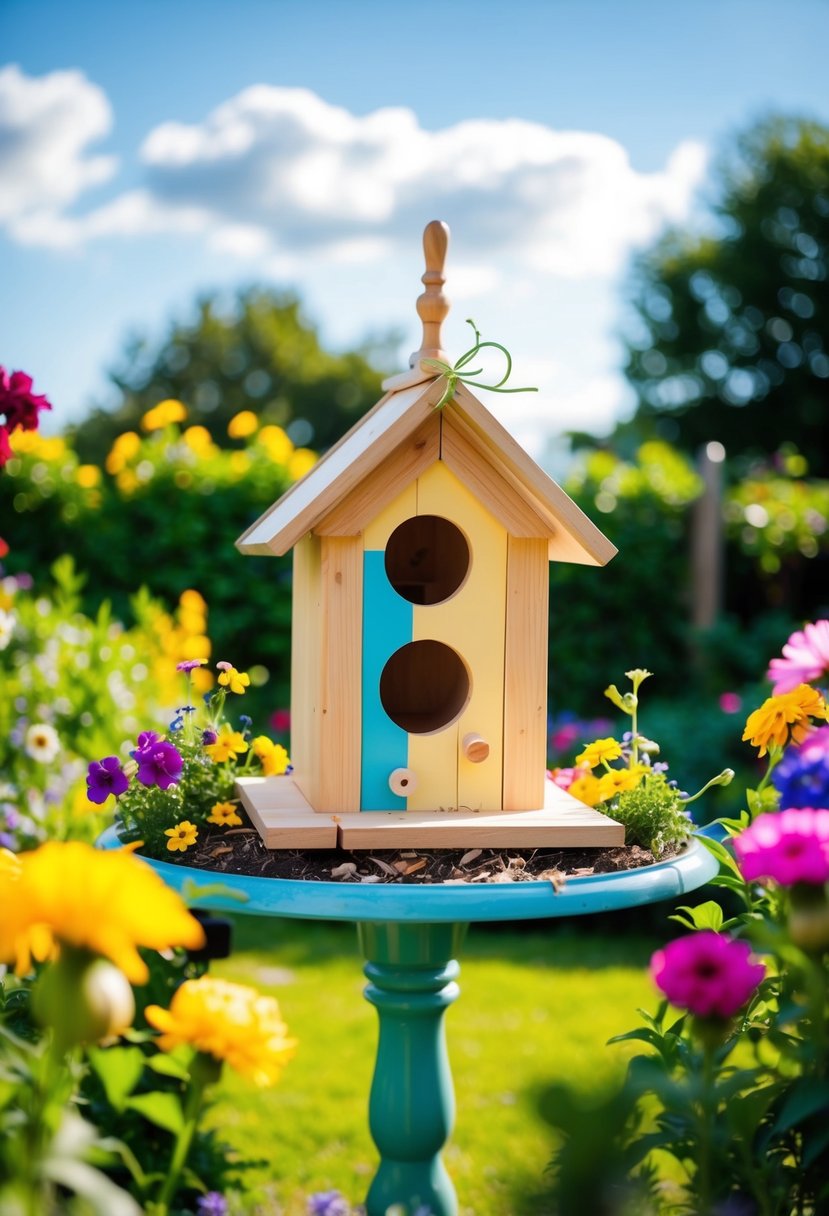 A birdhouse being built and decorated in a garden, surrounded by colorful flowers and greenery under a sunny sky