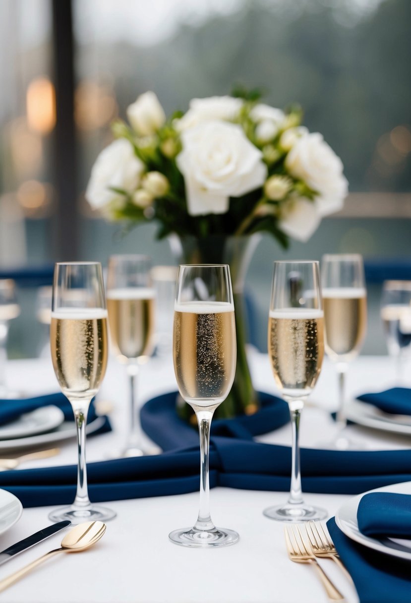 A table set with champagne glasses and navy blue accents