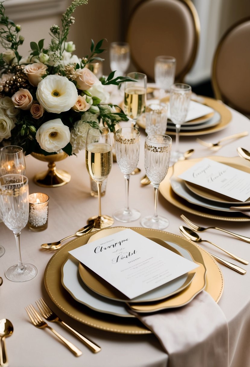 A luxurious champagne and gold wedding table setting with elegant floral centerpieces and sparkling glassware