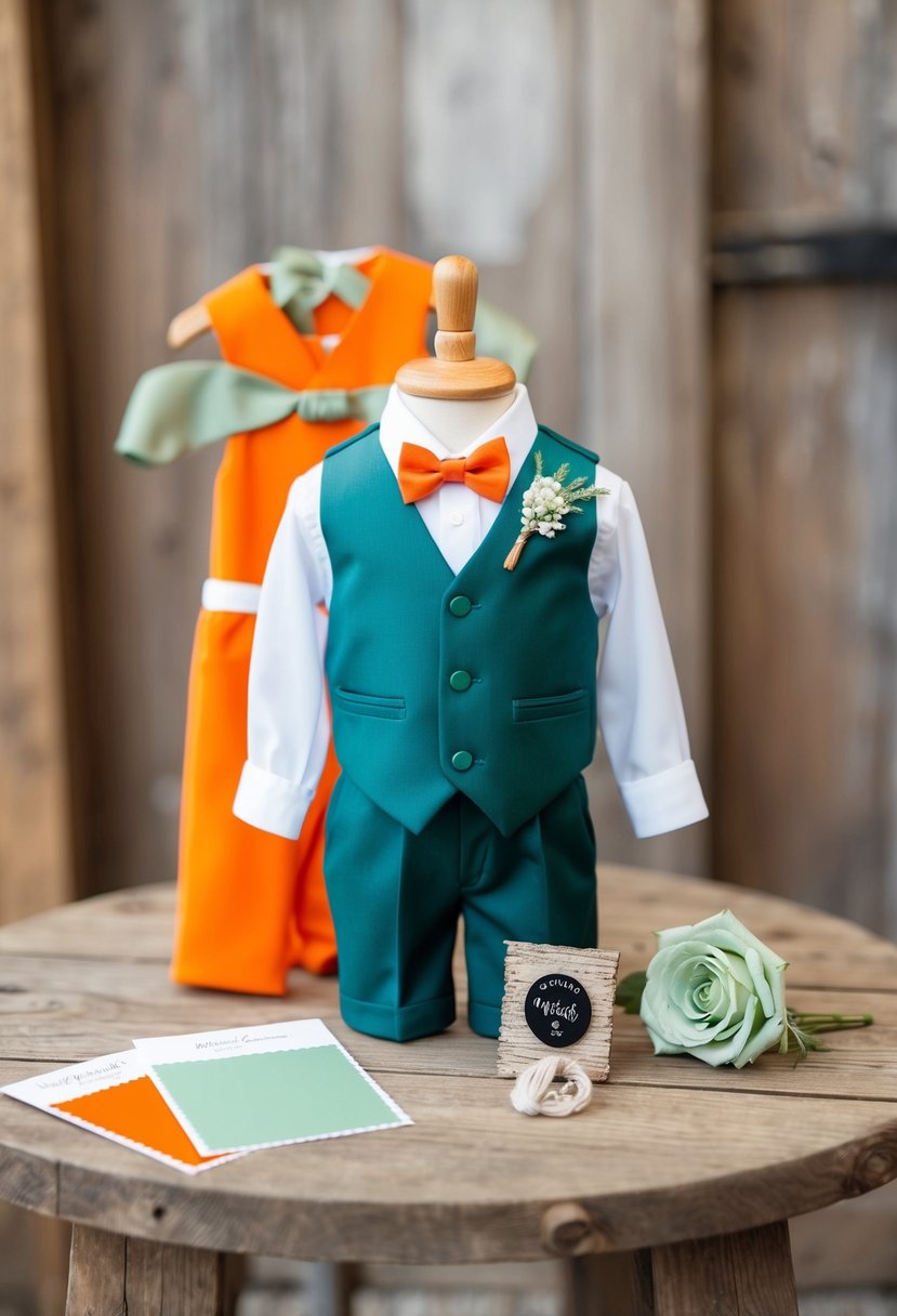 An orange and sage green ring bearer outfit displayed on a rustic wooden table with coordinating wedding color swatches